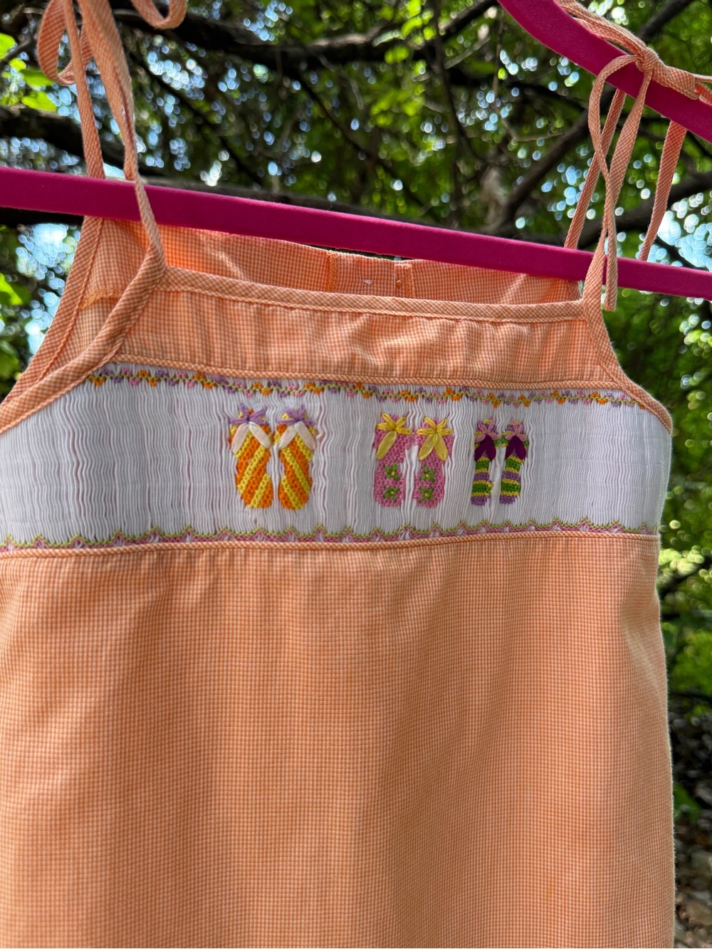 Vintage Smocked Peach Gingham Dress with Flip-Flops
